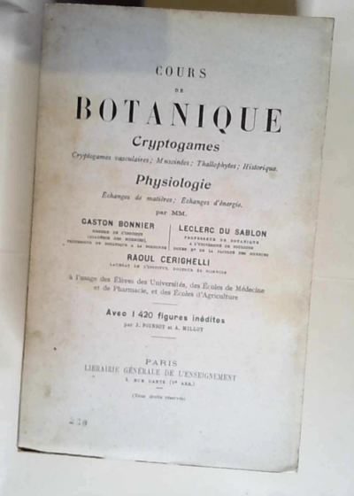 cours botanique  - cryptogames physiologie -  Bonnier du sablon cerighelli