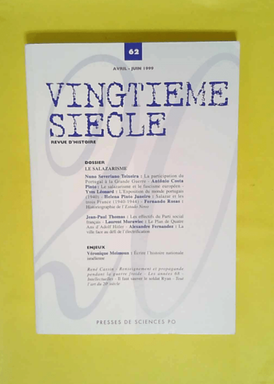 Vingtième siècle numéro 62  - Nuno-Severiano Teixeira